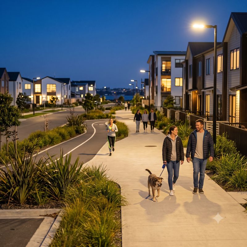 Residents out walking the dog on a well-lit neighbourhood street at dusk