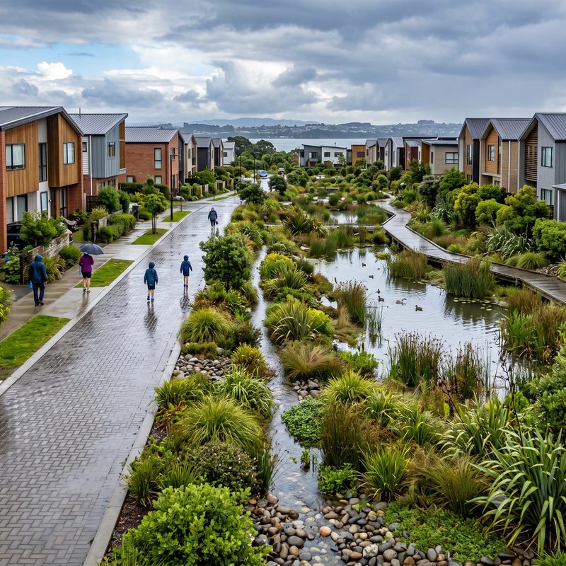 Rain gardens and a stormwater wetland winding between homes after rain