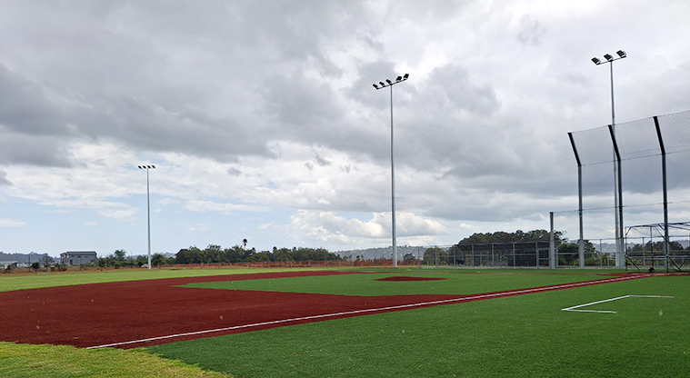 Baseball diamond with floodlights at Te Kori Scott Point sports park